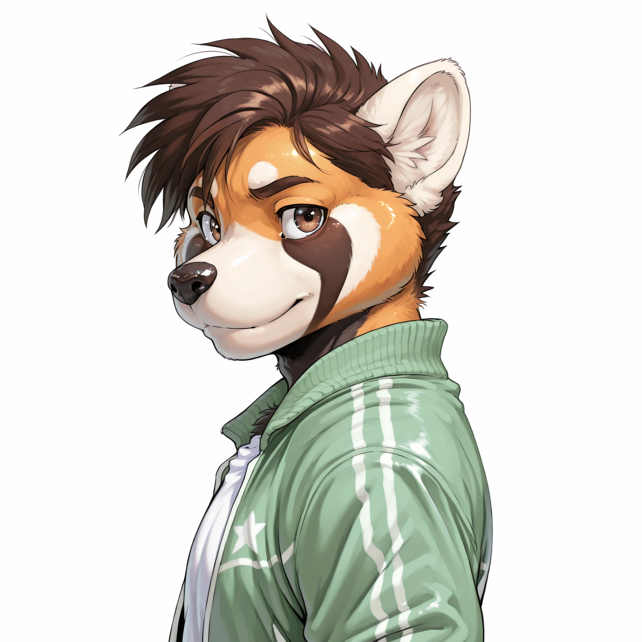 Anthro red panda, 1boy, solo, lean strong, short dark brown hair, glossy fur, light orange fur, simple background, brown eyes, white t-shirt, green sports jacket, simple background, white background, upper body focus, looking at viewer, from side, young