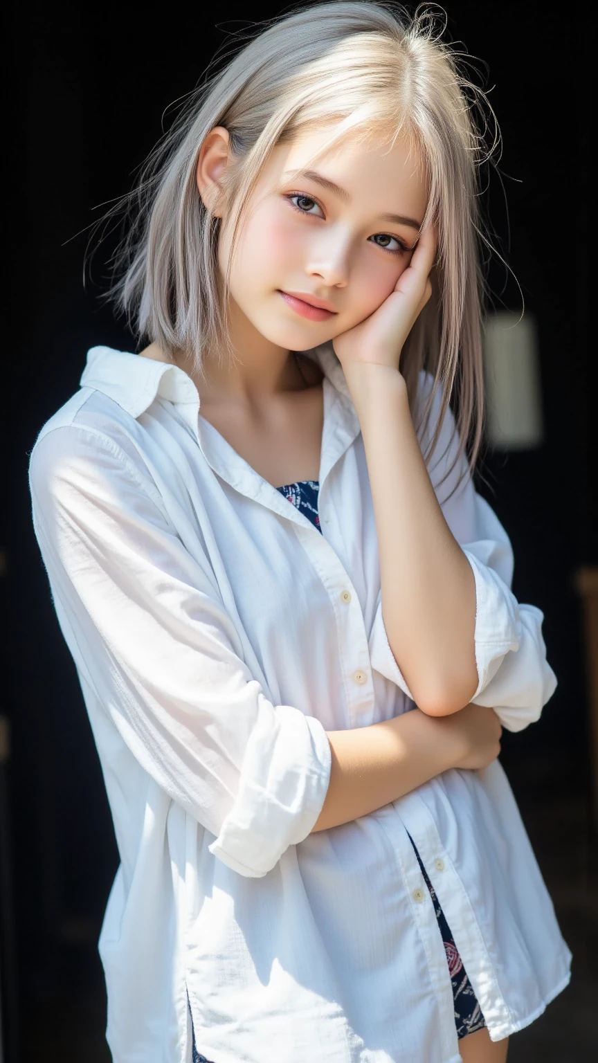 highest quality、Realistic、girl、Japanese、zoom、look up、cute、smile、Blue Eyes、Grey hair、ponytail、White blouse、Red ribbon、Gray culotte skirt、slender、Small breasts、Face close-up