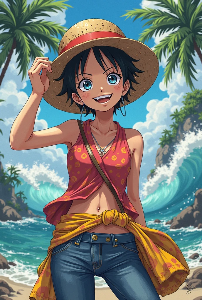 1mulher ,Monkey D Luffy girl,na casa dos 20 anos, (rosto perfeito), defined jaw, lindos olhos azuis, beautiful lips, (curtos cabelos preto), (anatomia perfeita), (corpo atletico), (sexy) (seios pequenos), (coxas grossas) , (perfect handikini with blue stripes), (straw hat), olhando para o observador, (POV de baixo), (Medium Plane Photograph), (fundo de praia tropical), realista
