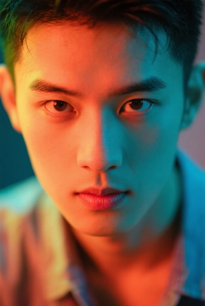 Red Holographic Dragon 1 boy，closeup cleavage，Clear facial features and a delicate face，virile，delicated
