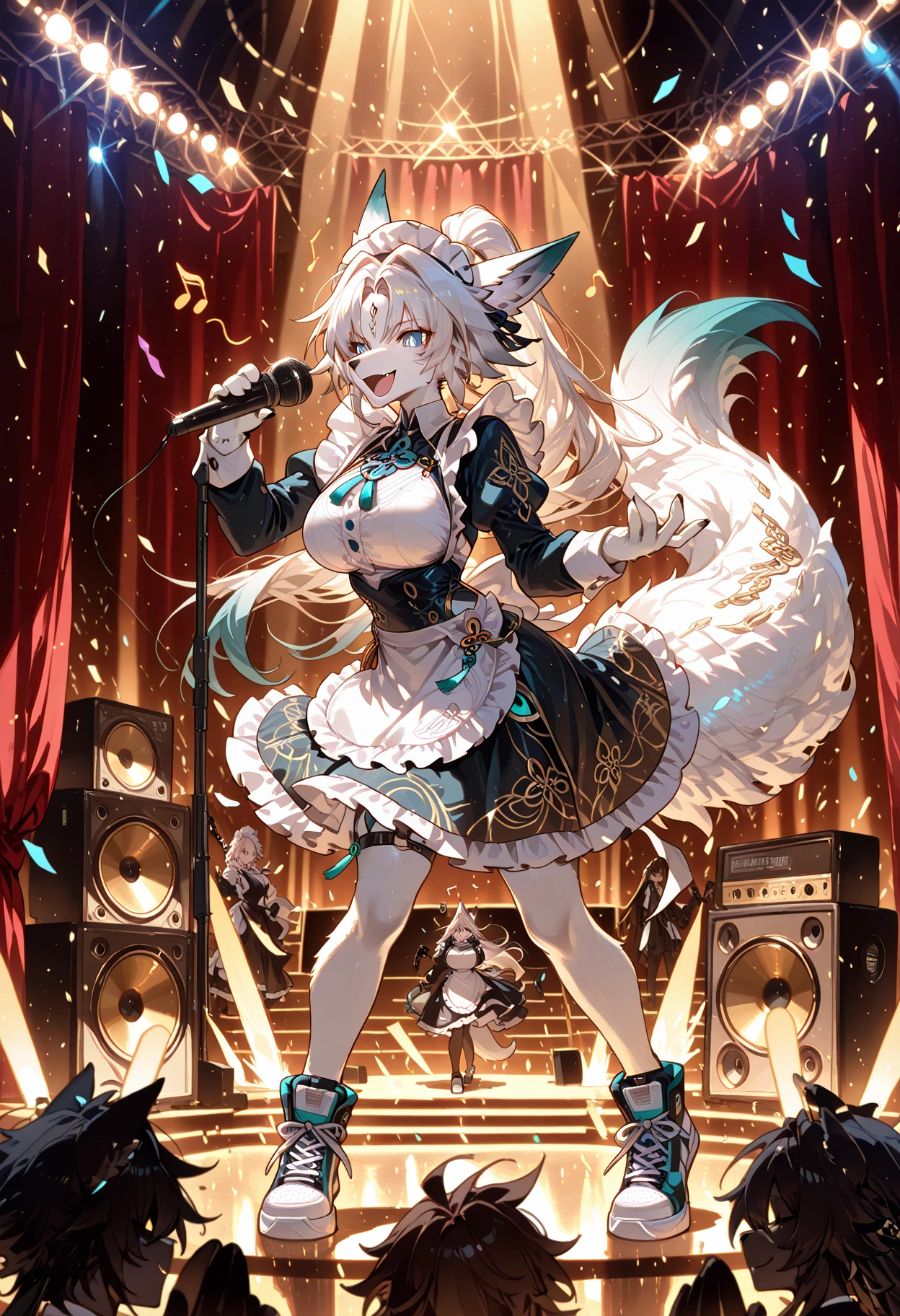 One, fluffy, anthro,  white fur , mature, улыбающийся,  round, (high quality, better quality, kämeta, High quality illustrations, masterpiece, perfect artwork, cinematic lighting and shadows, 16 thousand., 1080P, loaded on e621)( woolry, anthro, One),  1 big woman , (very detailed body, face, tail, Hands, legs,  for head and eyes ), Feixiao (honkai star rail), , wool, fluffy, лисица ears, лисица fluffy tail, лисицаlong hair, perfect eyes, blue eyes, black pupils, beautiful,  body movement, body twitches , jiggle physics, maid, pronounced musical note, musical notemaid headdress, maid apron, enmaided, motion blur, lines of motion, singing an emotional song, with microphone, stage, stage lights, concert, audience , speaker, screen , stage curtains, confetti, Above, focus on face, cowboy shot, light particles, better quality, highly detailed icon, highly sneakers in detail,  Low brightness ,  in dim light , xSS, (masterpiece, sneakers in detail:1.2), sneakers in detail background, perfect eyes, sneakers in detail eyes, 