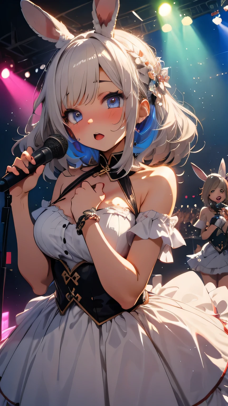 5girls looking at rabbits idol costume Lots of psyllium colorful neon Beautiful stage with psyllium audience microphone