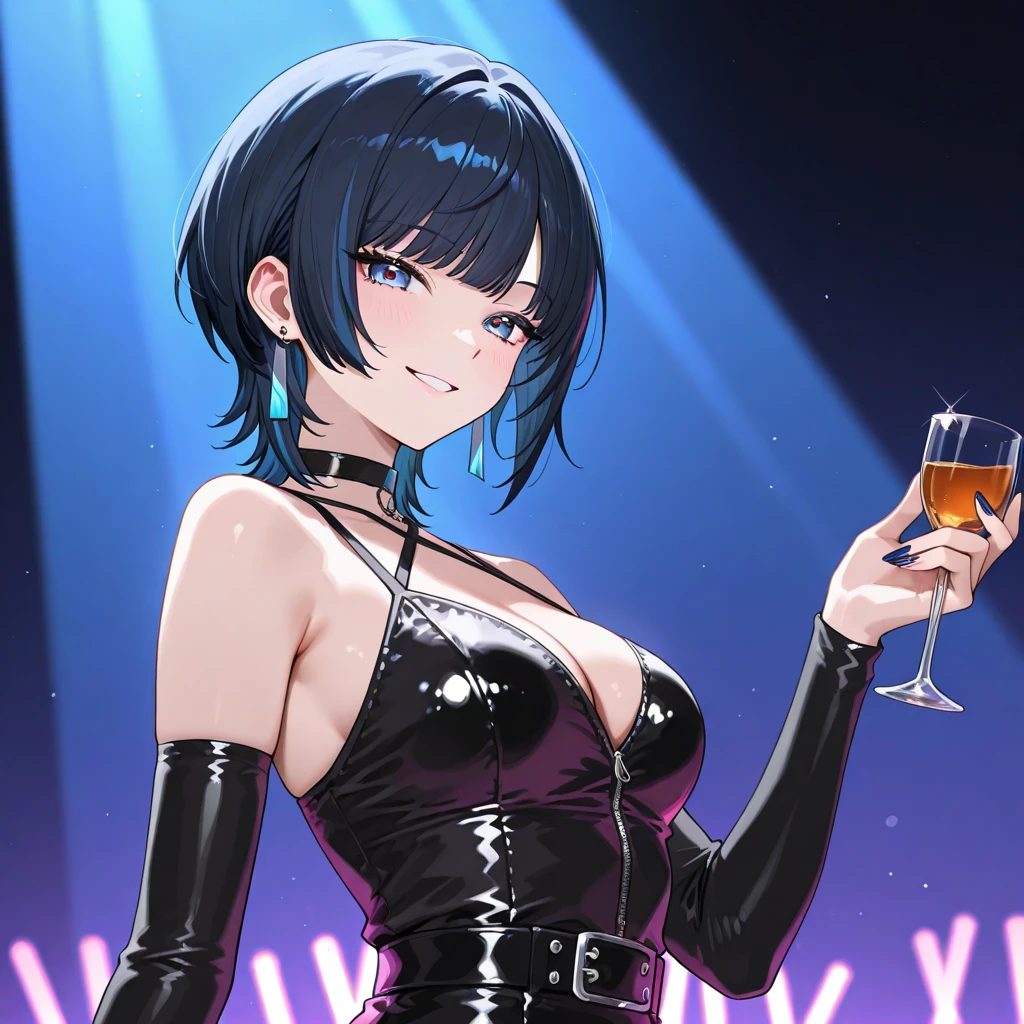 15 year old prostitute in a tight dress, in club, with a glass of champagne, cheerful, holds his right hand on his chest