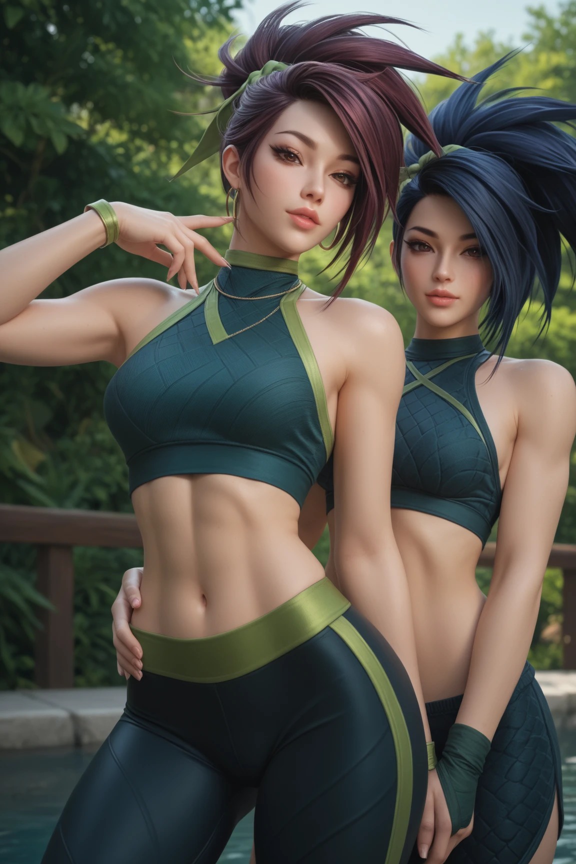 a SAMURAI , pretty face, serious face, short hair, green eyes, perfect body, fit body, abdomen, big breasts, muscular, small black thong, fishnets stockings, small bikini