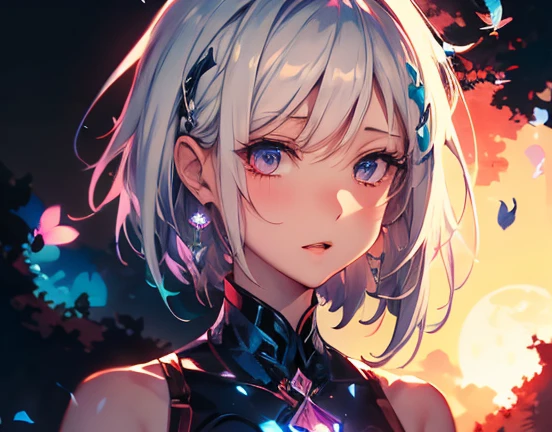 Best Quality, Masterpiece, High Resolution, 1girl, (Porcelain colored:1.3), chinese porcelain, Hair Accessories, hair ribbons, Jewelry, Pretty Face, On Body, Tyndall Effect, Realistic, Shadow Studio, Rim Lighting, Dual Tone Lighting, (High Detail Skins: 1.2), 8k UHD, dslr, soft light, high quality, volume light, sneak shot, photo, high resolution, 4k, 8k, background blur, detailed iris, sparkle eyes, (multicolored eyes), (heterochromia), (messy hair:1.3), (hair over one eye:1.3), (wavy hair:1.1)