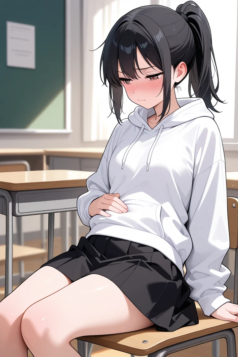 score_9, score_8_up, score_7_up, score_6_up, score_5_up, score_4_up, source_anime, 1girl, petite, solo, black hair, low tied ponytail, loose strands, hair between eyes, grey eyes, gym uniform, white shirt, black shorts, embarrassed, blush, sitting, spread legs, backwards arm support, gym storage room