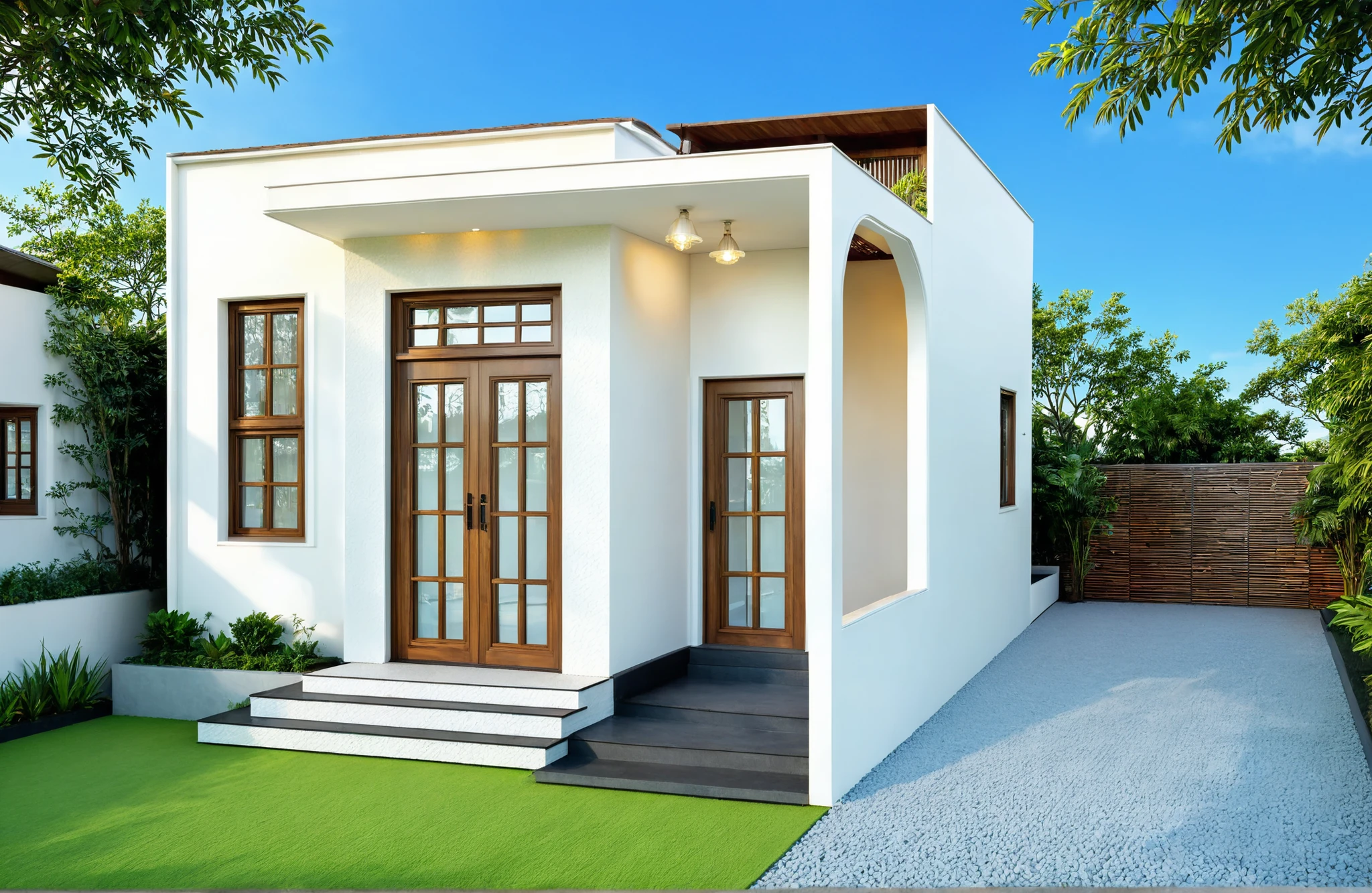 The house has 2 floors and 1 attic with a terrace. tall and narrow, modern design, steel gate and wooden details in harmonious color combination to flatter the eye. The outside is painted white, the front wall has many curves. Mix 6 outstanding colors with white as the main color. Outstanding colors combine in soft curves. The house has windows on all sides and (wooden and iron ceilings: 1,2). Materials include black steel and wood. The attic has a tree growing on the middle column in bright floral colors, blue and wood. Surrounded by tropical vegetation. The scene was shot from a 24mm perspective, with soft, natural lighting highlighting textures and materials, creating soft shadows that highlight the curves of the front wall and wooden details.