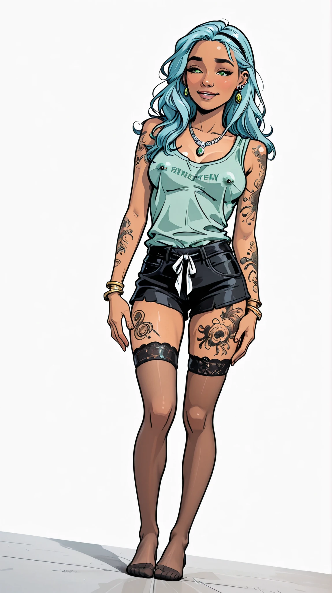 Solo, 1girl, High Resolution, Long Hair, medium Breasts, Blush, lightblue hair, white background, manga Style, naughty look, no headwear, full body, wedding hairstyle, bracelets, earrings, thigh tattoos, arm tattoos, High Details, dutch angle, dreamy, jewelery, green eyes, happy face, neckband, standing, posing, tanned, white ribbons, piercings, lean body, legs slightly spread, slightly smiling, black thigh high stockings, loose black cropped tank top, nipple piercings, silver necklace