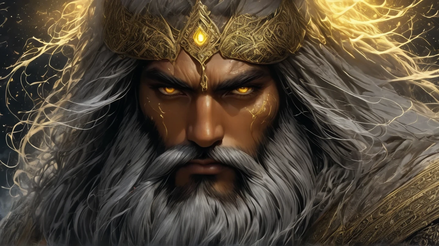 An intense close-up of a Viking warrior with piercing, glowing eyes, surrounded by insinuating darkness. His horned helmet gives him an imposing silhouette, while his wild, flowing beard adds a touch of ruggedness. The warrior's face bears an expression of deep anger, a testament to his ferocity in battle. The backdrop is filled with swirling tendrils of dark blackness, reminiscent of ancient mythological forces. The mood is tense, hinting at the mythical powers that surround the warrior. The image combines high detail and artistic flair, creating a captivating visual experience. Artwork, ink on parchment --auto --s2