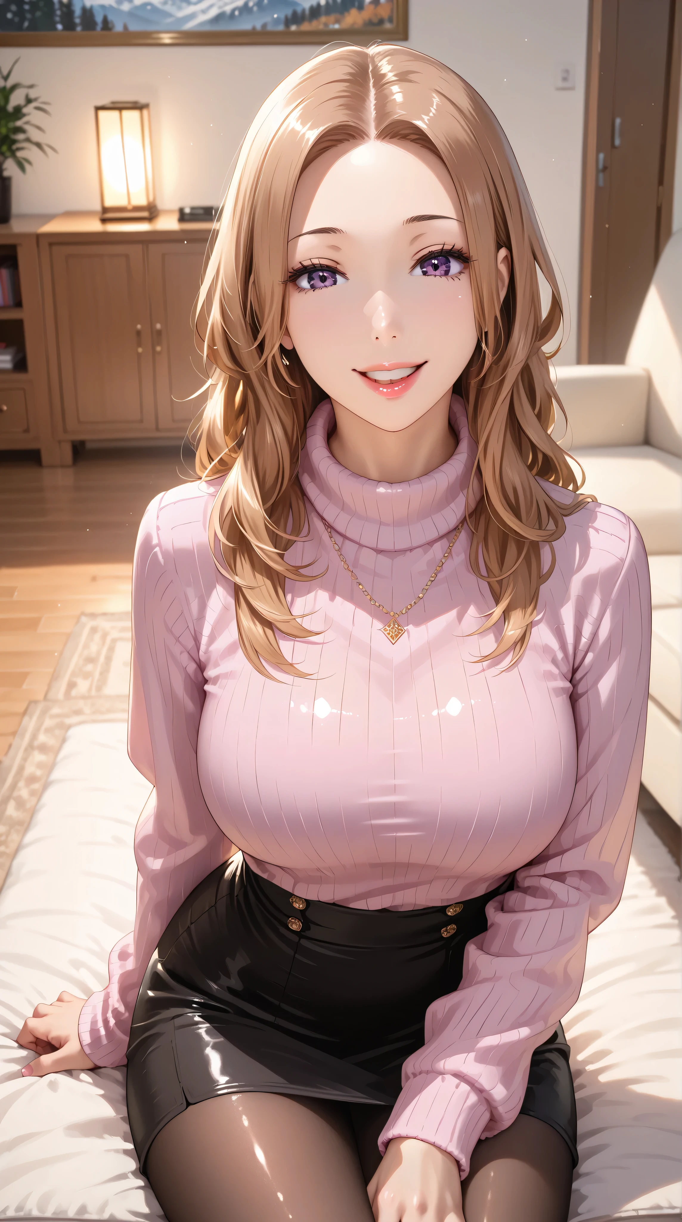 (masterpiece:1.3, top quality , super high res , Ultra Details), ( realistic , photo realistic :1.3), beautiful illustration, perfect lighting, natural light, colorful , depth of field , 2024s, nsfw,
beautiful detailed hair, beautiful detailed face, beautiful detailed eyes, ( Perfect Anatomy, Anatomically Accurate, Ultra-detailed skin), white skin, Shiny Skin ,
watching viewers , focus on face , upper body, 1 girl, high school girl, cute and symmetrical face , perfect face, perfect eyes, perfect body, baby face , cute face:1.2, Tiny,
( long hair, straight hair , Brown Hair), Forehead, asymmetrical bangs that grab the chest, Dark purple eyes , long lashes, ( Big Breasts, Big Valley, thin waist, seductive thighs ), ,
( detailed cloth texture), (long sleeve open shoulder high neck pink sweater), break ( black pencil skirt ), break ( black pantyhose ), break
( beautiful scenery), winter, evening , ( living room :1.5), sitting, (Poses with movement), (Beautiful smile, Above the eyes, open lips),