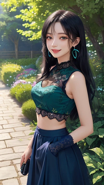((((highest quality))))、(((Ultra-precision CG16K wallpaper)))、(((masterpiece)))、(((Super detailed)))、(((Extreme detail)))、((１Mature 29 year old woman:1.6))、((Very beautiful Japanese faces))、((Yua Mikami:1.5))、((Soft Wave Ponytail Long Hair、blunt bangs:1.5))、(Shiny brown hair)、Beautiful delicate brown eyes、eyeliner、eye shadow、High nose、Small nostrils、Small Mouth、Seductive lips、Beautiful breasts、((C cup size breasts))、Cleavage、Voluptuous body、eight-headed body、Perfect proportions、Perfect Anatomy、Perfect composition、Beautiful detailed shading、Beautiful, natural lighting、Beautiful detail glow、Depth of written boundary、(((High chroma)))、(((Real:1.9)))、((vivid:1.5))、((Beautiful Skin))、((Skin Texture))、((Realな皮膚感))、(((Cowboy Shot:1.6)))、((Front view、Front low angle:1.6))、((smile:1.5))、(((The woman is facing forward and looking at the camera:1.8)))、Bright daylight、Natural light、(((garden、Grass Square:1.5)))、(Standing pose:1.5)、(((Light green lace camisole、Light green double slit mini skirt:1.6)))、((Earrings、Wearing a necklace:1.3))、