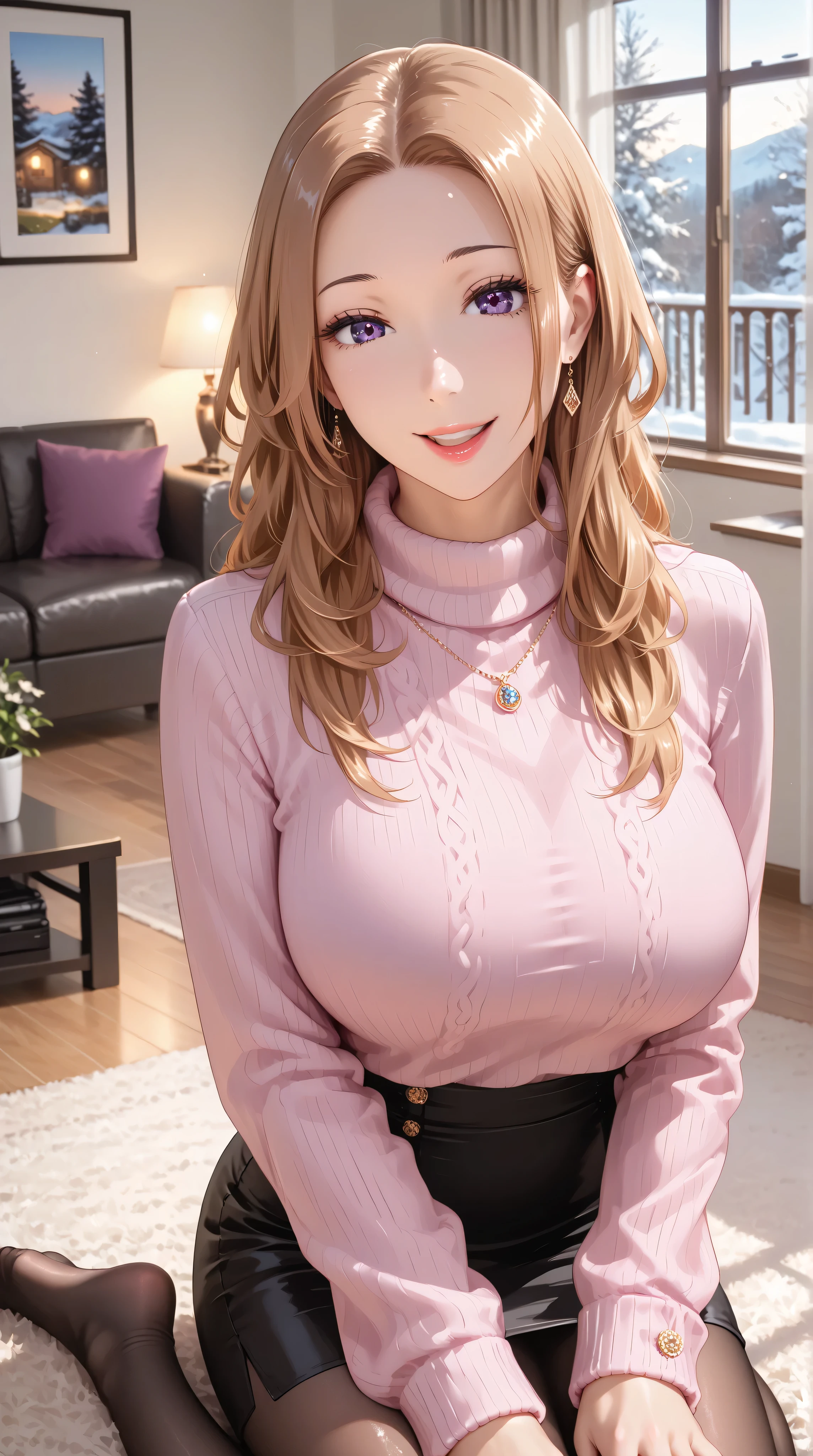 (masterpiece:1.3, top quality , super high res , Ultra Details), ( realistic , photo realistic :1.3), beautiful illustration, perfect lighting, natural light, colorful , depth of field , 2024s, nsfw,
beautiful detailed hair, beautiful detailed face, beautiful detailed eyes, ( Perfect Anatomy, Anatomically Accurate, Ultra-detailed skin), white skin, Shiny Skin ,
watching viewers , focus on face , upper body, 1 girl, high school girl, cute and symmetrical face , perfect face, perfect eyes, perfect body, baby face , cute face:1.2, Tiny,
( long hair, straight hair , Brown Hair), Forehead, asymmetrical bangs that grab the chest, Dark purple eyes , long lashes, ( Big Breasts, Big Valley, thin waist, seductive thighs ), ,
( detailed cloth texture), (long sleeve open shoulder high neck pink sweater), break ( black pencil skirt ), break ( black pantyhose ), break
( beautiful scenery), winter, evening , ( living room :1.5), sitting, (Poses with movement), (Beautiful smile, Above the eyes, open lips),