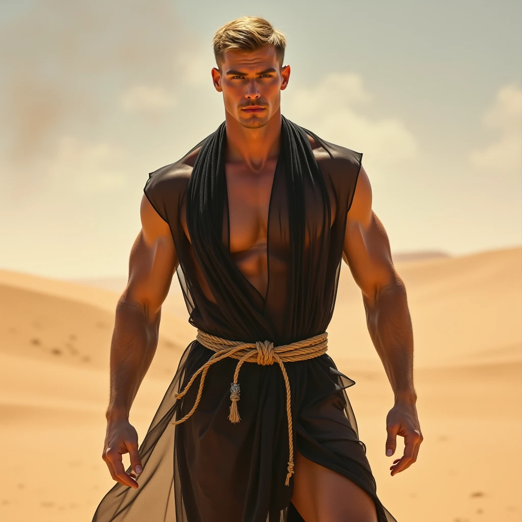 (an incredibly beautiful),(best illumination, golden light, brightly shining),(a handsome hugely muscular tanned warrior man with a tiny waist and tattoos over his whole body),(surrounded by voluminous sheer transparent turquise gauze fabric:1.2),(naked:1.5),(bronze arm armour),(walking over dunes),(gazing), alluring stance