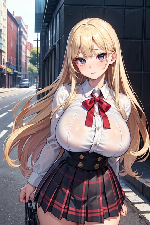(masterpiece, 最high quality, 超High resolution, Very detailed), (Realistic:1.1, photoRealistic:1.4), Perfect illustration, Perfect lighting,Perfectly detailed hair, Perfect and exquisite face, Perfect collarbone, Perfect body,Juicy breasts, Perfect Thighs, Beautiful legs, View your audience, 1 person,Perfect Face, (Perfect Anatomy, Anatomically correct), Symmetrical face、((Shiny Hair)),Sexy Body、(masterpiece),(最high quality:1.3),8k,Very clear,(Ultra-realistic),Captivating woman,(high quality, High resolution, The finer details), Realisticなスタイルの女性,Juicy breasts、Perfect Woman、Perfect Face、Symmetrical face、Baby Face、((bigな胸))、Cleavage、blush、((Juicy lips))、Cowboy Shot、(((amount、Bright blonde hair)))、((big, Double black eyes、Long eyelashes))、((Red Makeup))、(Open school uniform)、(((open collared white shirt)))、(((Checkered pleated skirt)))、(((Curvaceous)))、(((Sunburned skin)))、(((Big-breasted girl)))、(rooftop、On the road)