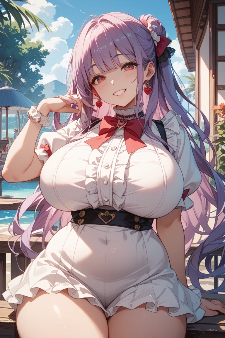 (swimsuits:1,1),(She is wearing a  sweater over her swimsuits:1.3),standing,long hair,braid ponytail,ahoge,((huge bust:1.5)),sweet smiling,pool side,wind,shine,hand in flower bouquet,pink flowers,celebration,