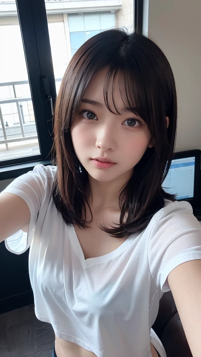 masterpiece, best quality, Super detailed, fine details, High resolution, 8K,wall paper, perfect dynamic composition,(Details High quality, realistic depiction of eyes:1.3), black hair color, Big Natural Color Lip,20 year old girl、cute type、lolita、(korean Nurse:1.4)、(hospitals:1.2)、nighttime scene、Hospital Room、a bed、is standing, (white nurse uniform:1.3)