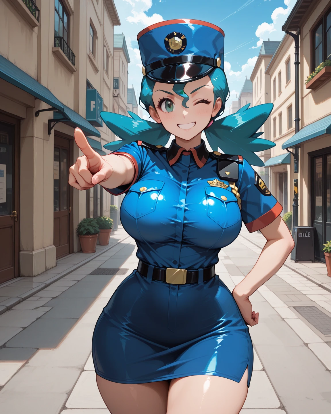 score_9 score_9,score_8_up,score_7_up, (pkmnJenny), 1girl, green hair, blue hat, star hat, police uniform, blue shirt, short sleeves, belt, pencil skirt, white gloves, black high heels, b1mbofication, before and after, (transformation), hypnosis, (huge breasts), (huge ass), (full lips, vivid lips), (bare midriff), (cameltoe), (cleavage), (makeup), (shiny body),