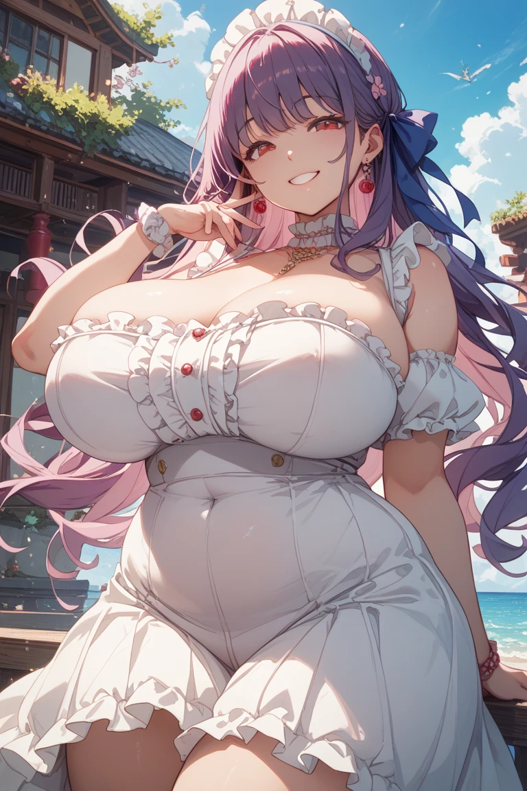 b best quality, (masterpiece),(ultra-detailed), (high quality), (high resolution), ((3heads:1.5)), ((magenta hair)),, large breasts, shorts , short shorts, full body, best quality:1.5, highres, UHD, 4K), medieval outfit, smiling, ((white crop top)), wearing sandals, ((full body)), ((seductive pose)), ((detailed eyes)), (mature woman), exposed midriff, open belly, (giant woman)