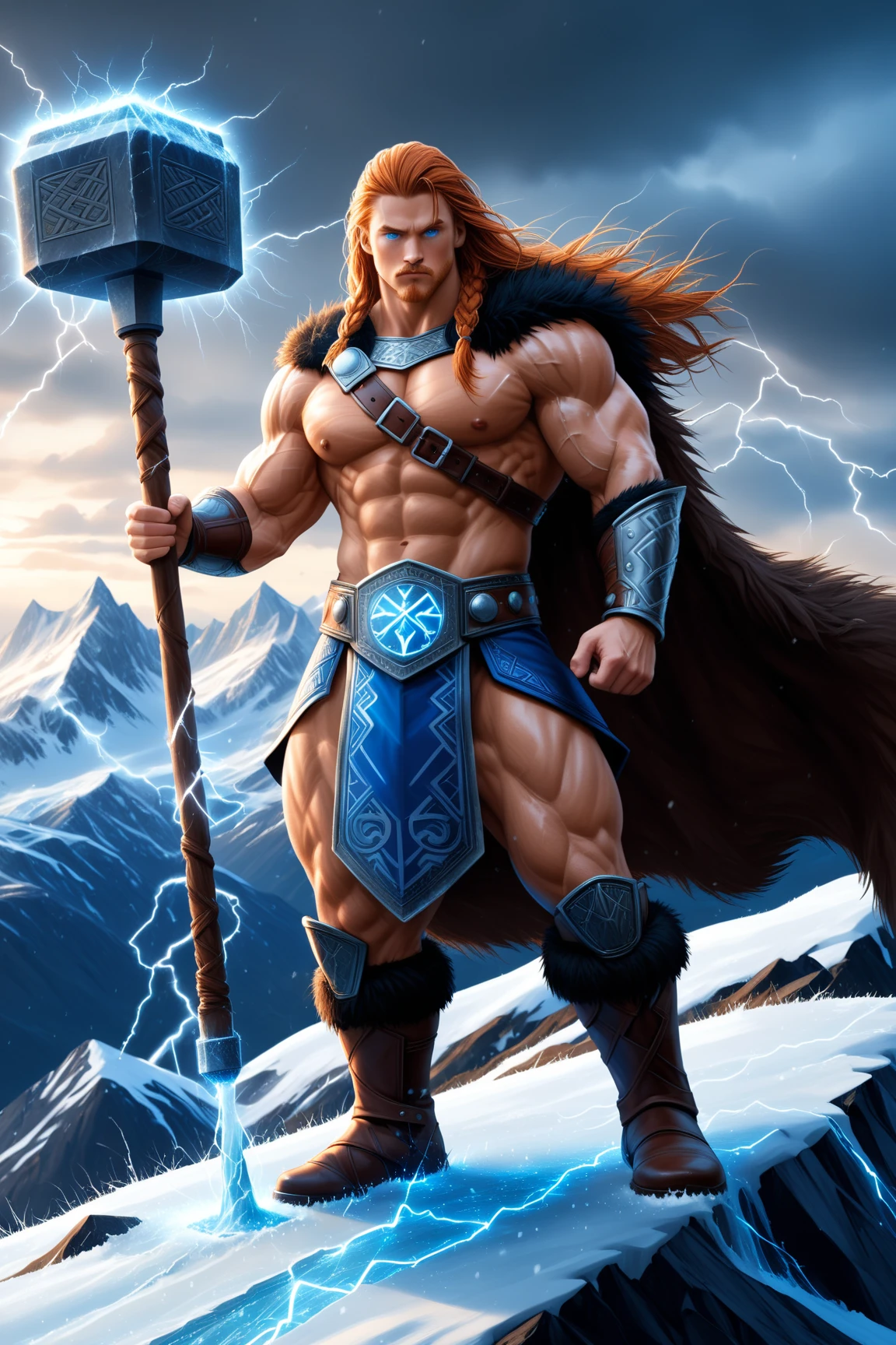 (muscular,superstrong man viking ), Viking suit, viking tattoos, a background show mountains,winter,cold,, falling snow, ultra-realistic 3D rendering with Octane Render, (dramatic and vivid lighting),(stunning 8k resolution, crystal clear),precise texture details. --auto --s2
