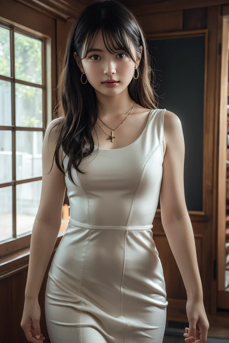 Masterpiece, 1 Beautiful Girl, Detailed, Swollen Eyes, Top Quality, Ultra High Resolution, (Reality: 1.4), Original Photo, 1Girl, Cinematic Lighting, Smiling, Japanese, Asian Beauty, Korean, Clean, Super Beautiful, Little Young Face, Beautiful Skin, Slender, Cyberpunk Background, (ultra realistic), (high resolution), (8K), (very detailed), (best illustration), (beautifully detailed eyes), (super detailed), (wallpaper), (detailed face), viewer looking, fine detail, detailed face, pureerosfaceace_v1, smiling, 46 point slanted bangs, looking straight ahead, neat clothes, dark colored eyes, attire (white sleeveless, beige linen skirt), body facing front,