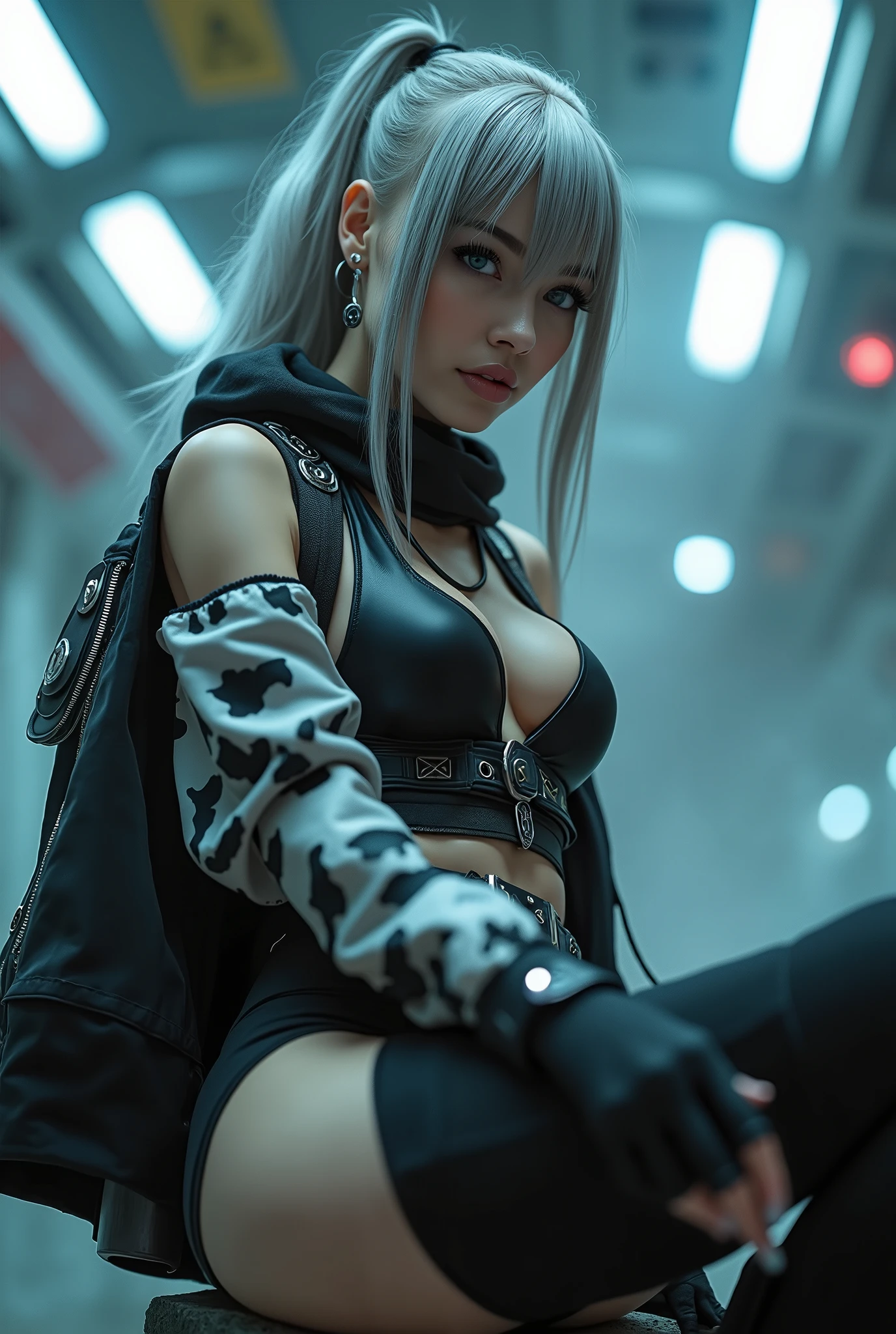 (nsfw, hentai, sexy:1.4), masterpiece, Best Quality, Realistic, A mysterious and sophisticated beautiful model, identity hidden, all body shot, with blue eyes wears futuristic and sexy fashion art. 18-years-old, beautiful and sexy Japanese girl is climbing at a wide angle, sitting and random sexy posing, with her full body in frame. She has an ultra-slim waist, large firm breasts, a large-sized buttocks, showcasing sculptural beauty. gray arranged hair, light color eyes, Realistic skin, Detailed face, , small head. /// dressed in a striking white and black military print bodysuit paired with a sleek black leather belt with a futuristic metallic buckle and low-rise black sweat Knee-high skirt with zipper accents. She wears a sheer black mesh bomber jacket adorned with white and black military patches, chunky black high-cut Sneakers with silver hardware. Her look is fierce and bold, complemented by black fingerless gloves with white LED lights and high-tech accessories. adding an edgy attitude. Her outfit is completed, merging functionality with style. exuding a hint of rebellion, embodying the essence of future street-chic fashion. The wear hugs her body tightly, accentuating her curves and digging sensuously into her skin, /// small head and face, Detailed wide Duck mouth, half open mouth, perfectly aligned teeth, perfect beautiful wide teeth, light blue eyes, half open eyes, shiny Droopy eyes, looking other, /// She is situated within the interior of a futuristic colony, in the deep night, with mist drifting and steam rising from concrete