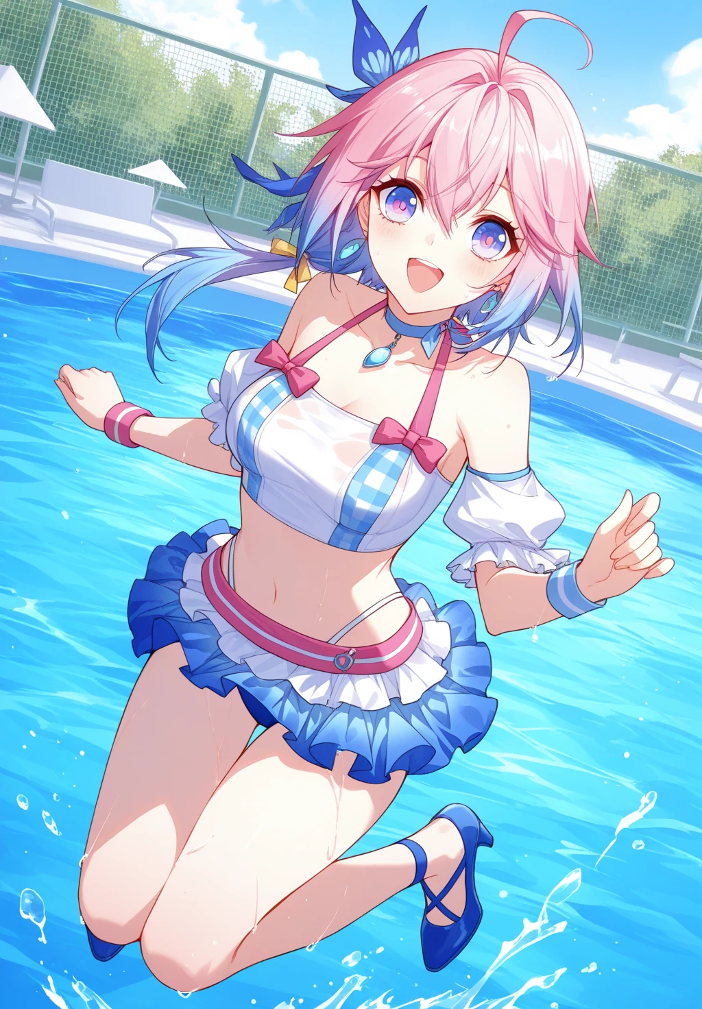 score_9, score_8_up, score_7_up, source_anime, 1boy, solo, bulge, femboy, astolfo, fate, small erection bulge, front view, shota, teen, young, very young, presenting, ((shota)), grinning, feminine, girly hips, slender waist, long ponytail, small penis, small balls, midriff, bikini top, soft and feminine body, smooth flat chest, slender, cute, hourglass figure, otoko no ko, girly, feminine, pool, wet, young, bikini bottoms,