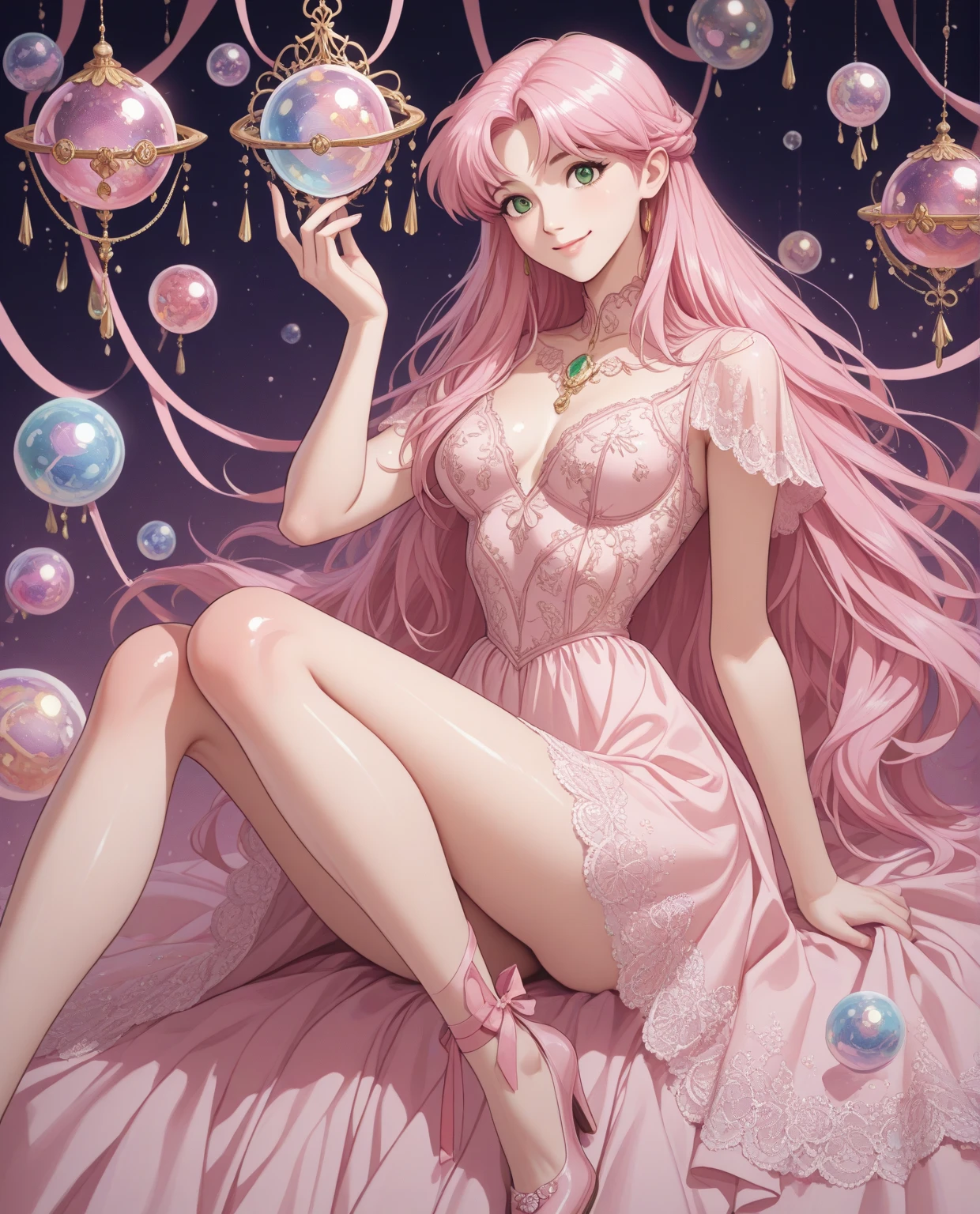 1 woman, princess, female saint, long hair, light pink hair, golden eyes, ,beautiful face, Slender legs, round hips, naked, fantasy backdrop, Holy Temple, 