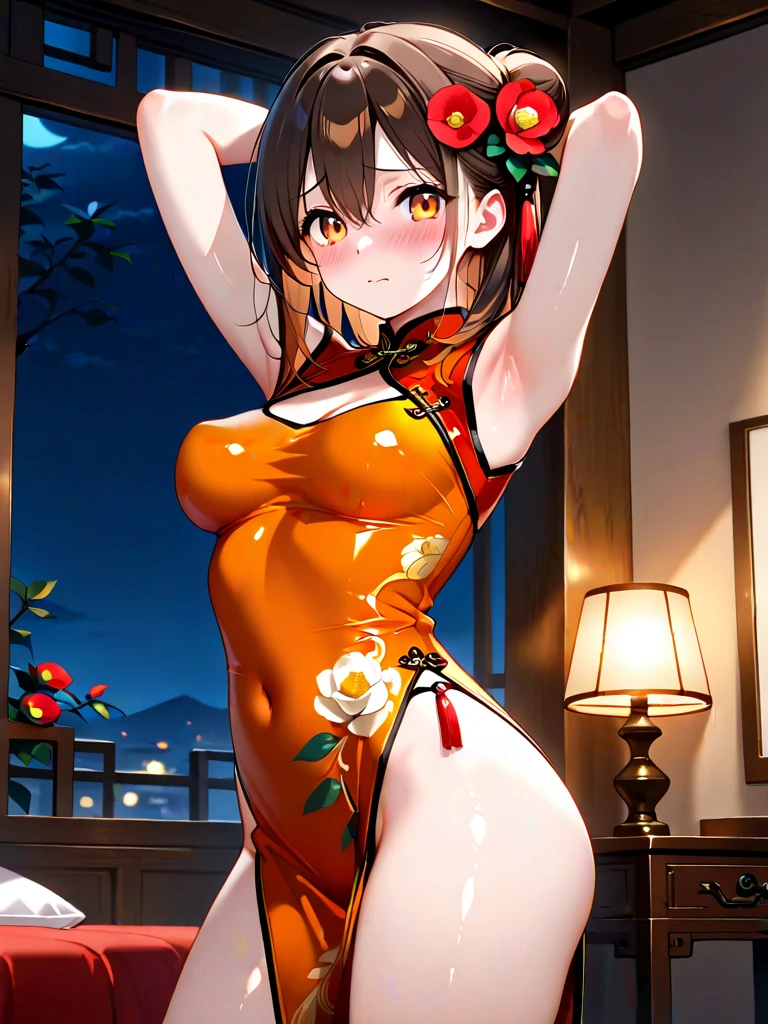 absurdres, (best quality), (masterpiece),tenten\(shippuden\), 1girl, solo, chinese clothes,hair ornament,pelvic curtain, medium breasts, cleavage cutout, looking at viewer, smile, gold trim, dragon print, east asian architecture, outdoors, night,waving, paper lantern,fireworks, ((ass)), ((nipples)),
