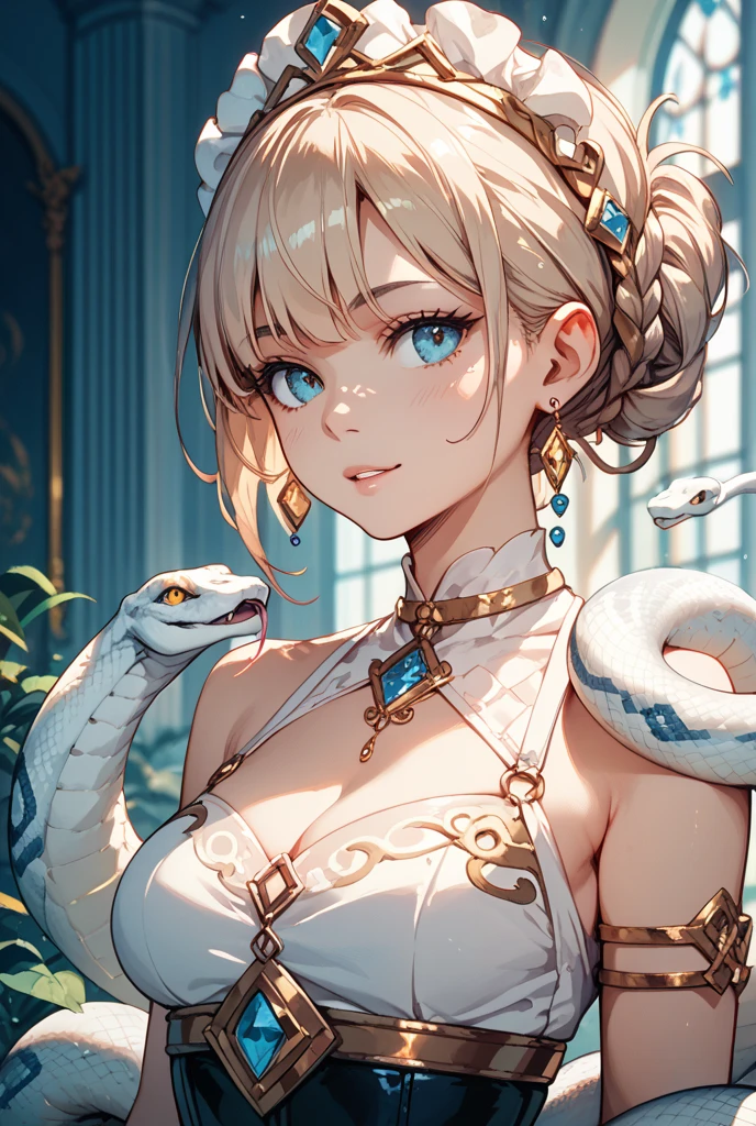 Pixar style super cute anthropomorphic white snake， Large breasts，cleavage，Off-the-shoulder attire，Daihan costume and crystal crown, standing, Charming big eyes, Cute tail, standing, Surreal, Super fine, Luxurious, Graceful standing, Charming big eyes, Cute tail, standing, Surreal, Super detailed, Luxurious, elegant, complex, Gorgeous, illusory engine, Octane rendering, 8K, Frey surrealism