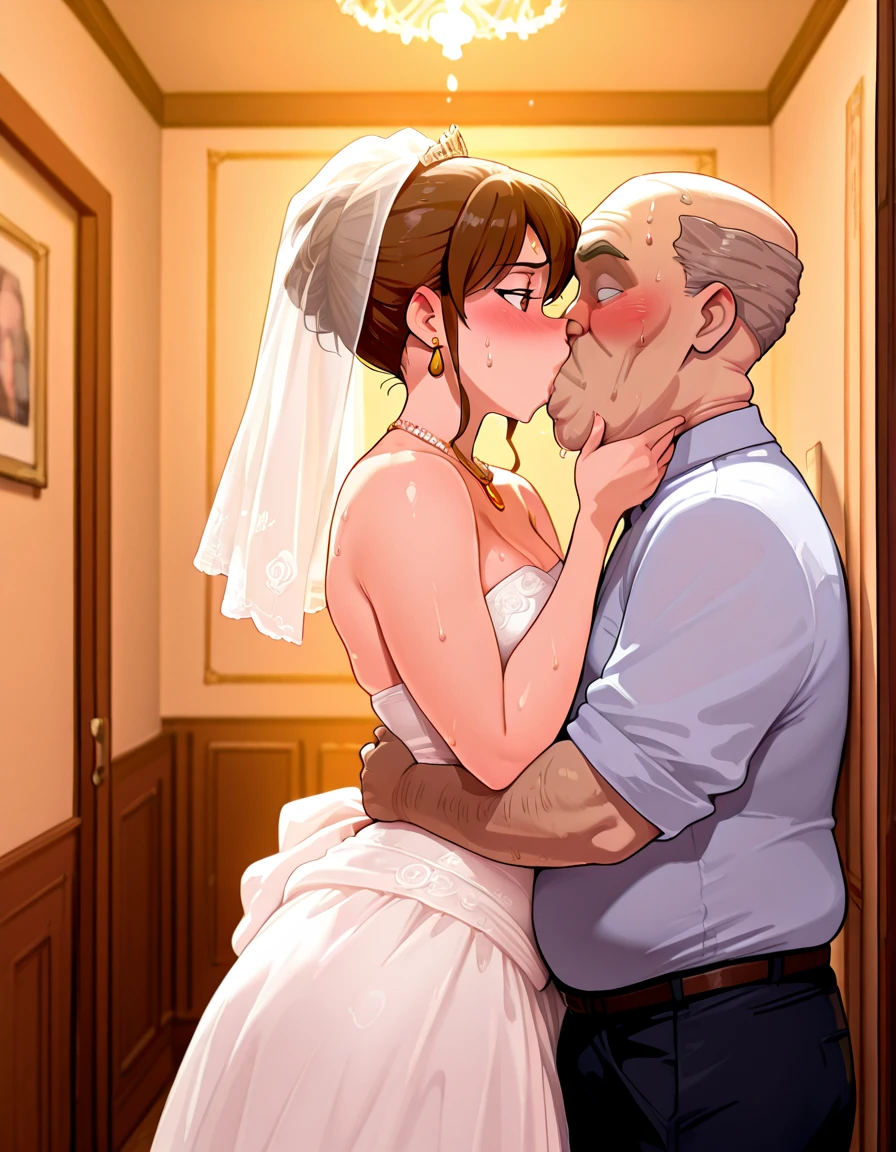 8k,high quality,anime,Married women,Fair skin,Beautiful Mature Woman,Small face,clean,bright,Eye highlights,Beautiful line drawing. Black Hair, White skin, Brown eyes, Wedding dress, Sleeveless clothing, Raise your hand, Armpits are visible,Raise your arms, both Armpits are visible, Explained from head to waist,((Bare breasts:1.3))、((Nipples are visible:1.6))、Mole around the mouth、Shaggy Hair,((A married woman being groped by an old man:1.9)),((A bride being raped by many men:1.6)),A very displeased face、((tears:1.6)),((Lots of old men:1.9)),((A lot of semen:1.6)),Crying woman,A lot of semen