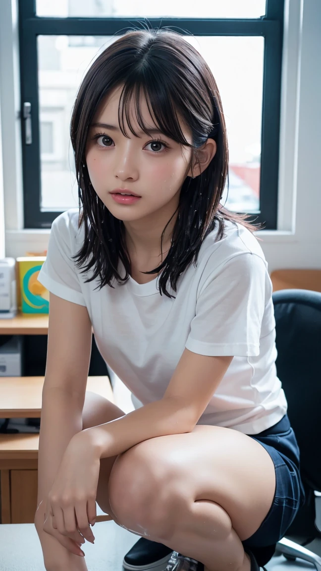 Photos taken by a professional photographer，Close-up of a woman showing her kissing face, Shorts, Shirahime cuts her brown hair, Young and pretty girl, Japanese Model, Wearing a casual T-shirt in random colors,Cute eyed waves for short hair, Cute young woman, Black Pantyhose，black tights