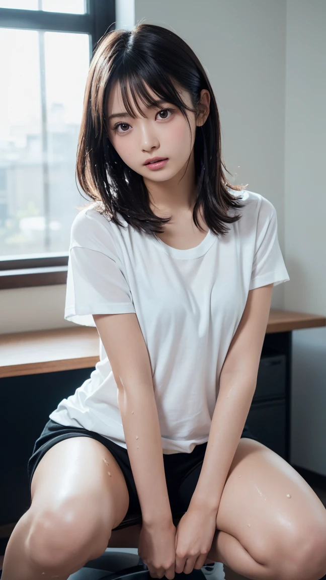 Browsing Caution, masterpiece,8k,Highest quality,Ultra-thin illustration, big_file size, Highly detailed face, Perfect lighting, Full Color, OL, suitを着ている, (In the office:1.5), Detailed Background, Professional Lighting, Dynamic Angle, Perfect hands, Smooth, lustrous skin, Fine hair, Detailed eyes),
Break 1 Girl, cute, Age 25,
(Photographed from the front:1.5), (Spread your legs:1.4)
(squat:1.5), (Arms behind head:1.1), (suit, O-neck shirt:1.1), (Bottomless:1.3), short hair, (:0.8), (juice:1.2), See through, (Half-removed panties:1.1), Dale's, all,
(Office Background:1.5), desk, computer, ID card blushes, Sweat,