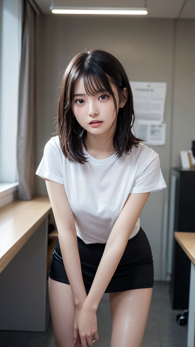 beautiful girl, (Skirt flip), ((Showing panties)), looking at the camera, Angle from below, A shy smile, Blonde, ((Highest quality, 16K, Tabletop: 1.3)), Light on the face, Ultra detailed face, Highly detailed lips, Detailed eyes、huge 、Big Tits、Formarco Steume、At work、office、officeで働く、Black-haired、short hair、Short black hair、nude