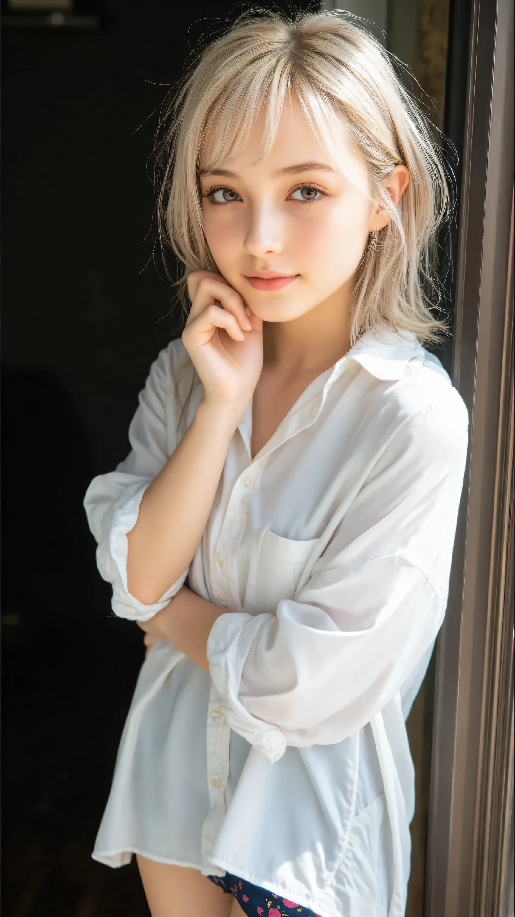 Create a cinematic portrait of a young woman with shoulder-length, light grayish-blonde hair, styled in a slightly tousled manner. She is wearing a loose, white button-up shirt with rolled-up sleeves, giving a casual yet elegant vibe. The lighting is dramatic, with soft, natural light streaming in from the left side, casting gentle shadows on her face and shirt. The background is completely dark, creating a high-contrast, moody atmosphere. She is posing with her chin resting on her hand, her body slightly turned to the side, and her expression is calm and contemplative. The overall mood of the image should feel intimate and serene, with a focus on the interplay of light and shadow.