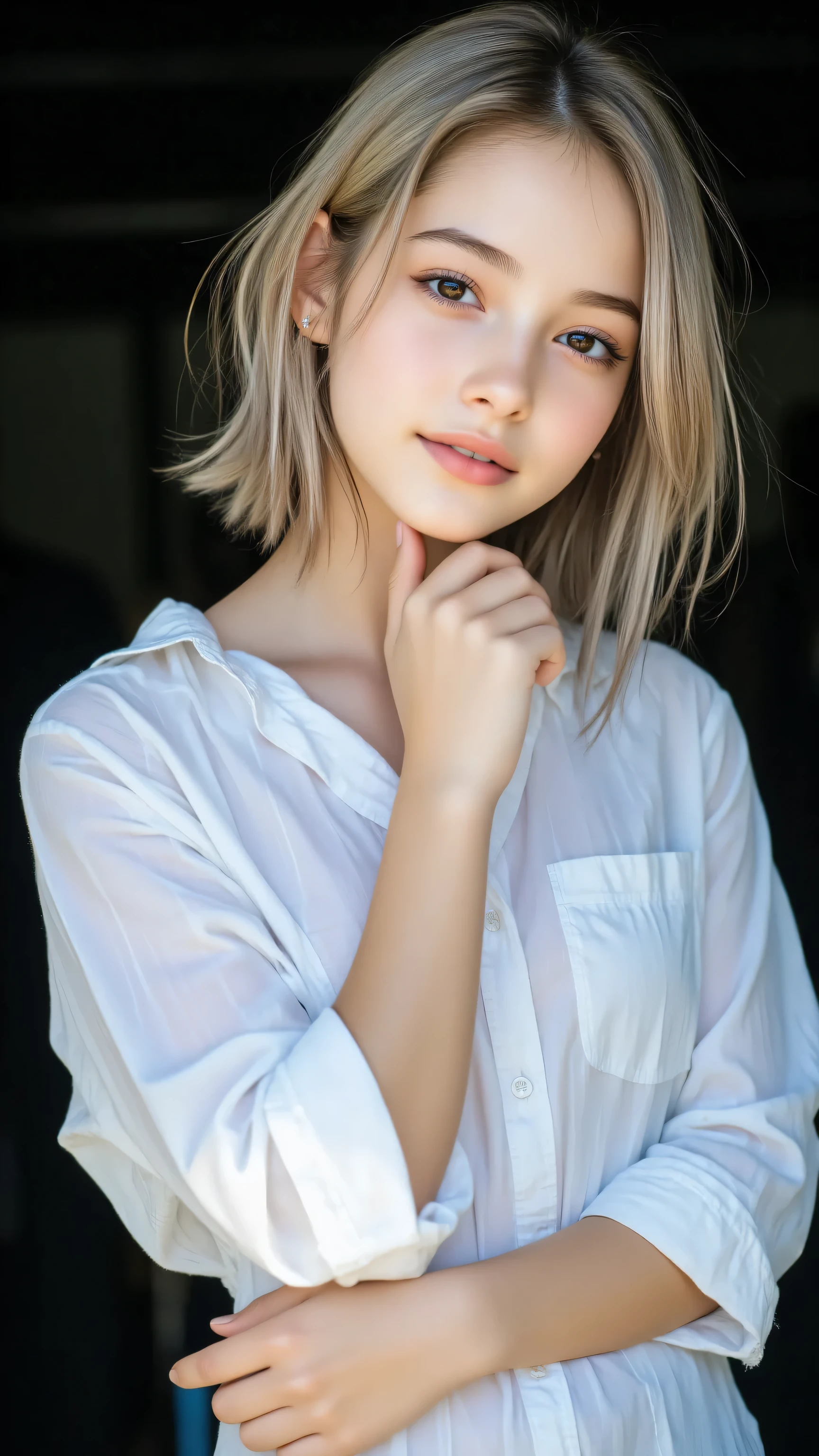 Create a cinematic portrait of a young woman with shoulder-length, light grayish-blonde hair, styled in a slightly tousled manner. She is wearing a loose, white button-up shirt with rolled-up sleeves, giving a casual yet elegant vibe. The lighting is dramatic, with soft, natural light streaming in from the left side, casting gentle shadows on her face and shirt. The background is completely dark, creating a high-contrast, moody atmosphere. She is posing with her chin resting on her hand, her body slightly turned to the side, and her expression is calm and contemplative. The overall mood of the image should feel intimate and serene, with a focus on the interplay of light and shadow.
