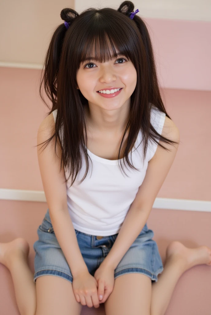 ollarbone,white pink t-shirt,off-shoulder look,bare shoulder,Denim mini skirt,open mouth,tongue out,cum on tongue,Black sofa,Kneeling,looking ahead,from above,flont view,face focus,open mouth,tongue out,(1girl,Beautiful 16 year old girl),((Slender,Small breasts,Small face,)),looking at viewer,Black Hair,bangs,Beautiful and detailed,Mischievous smile,Dimly lit room,Simple Background,Black background,Low lighting