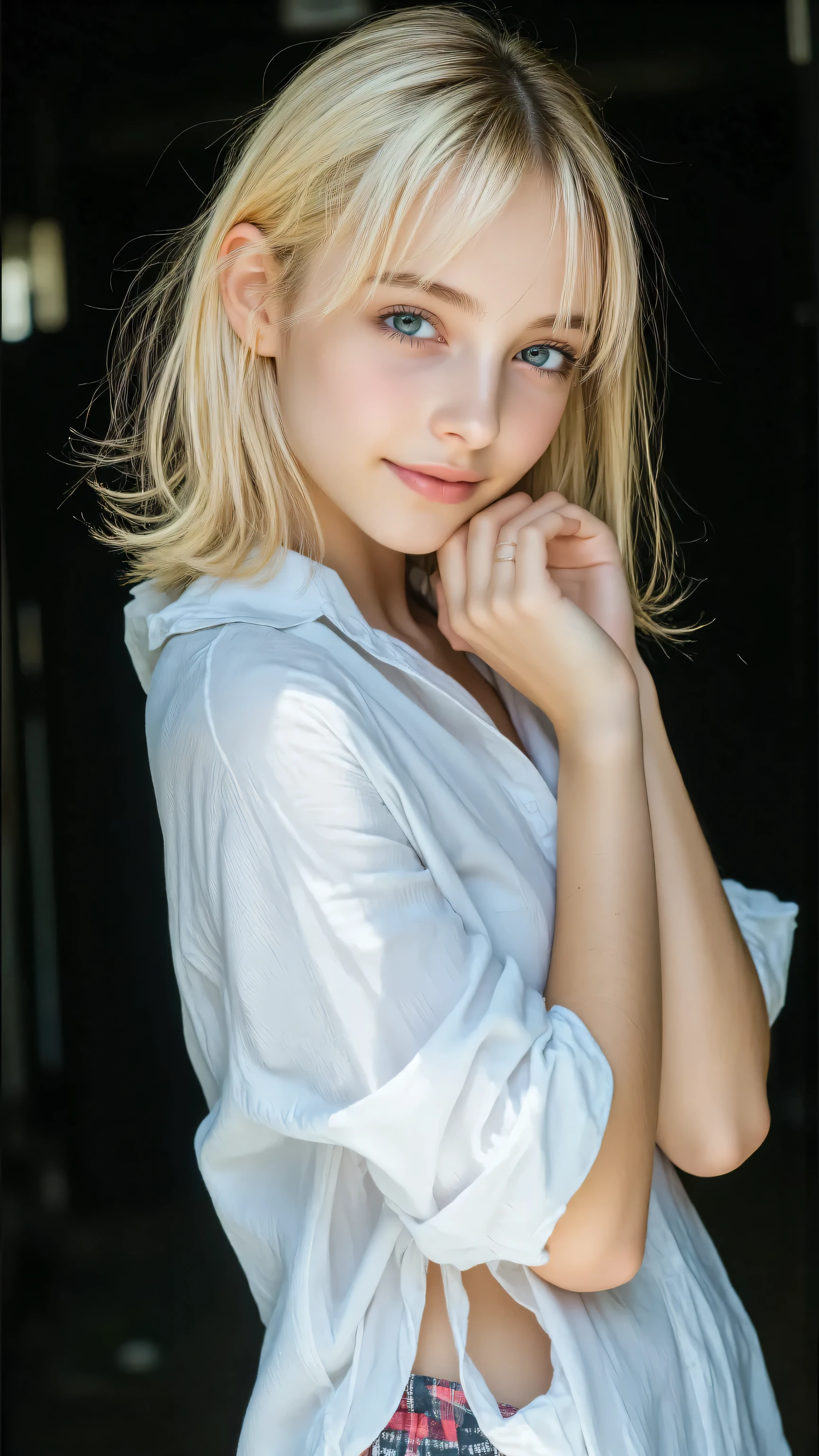 Create a cinematic portrait of a young woman with shoulder-length, light grayish-blonde hair, styled in a slightly tousled manner. She is wearing a loose, white button-up shirt with rolled-up sleeves, giving a casual yet elegant vibe. The lighting is dramatic, with soft, natural light streaming in from the left side, casting gentle shadows on her face and shirt. The background is completely dark, creating a high-contrast, moody atmosphere. She is posing with her chin resting on her hand, her body slightly turned to the side, and her expression is calm and contemplative. The overall mood of the image should feel intimate and serene, with a focus on the interplay of light and shadow.