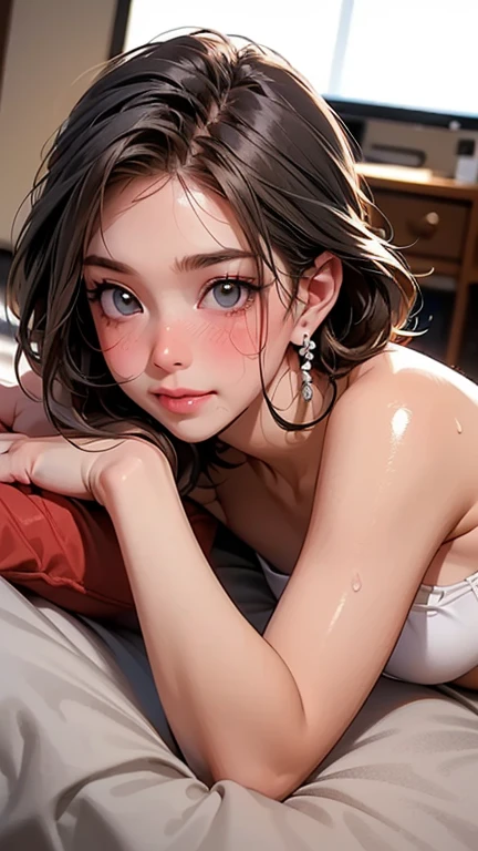 There a woman lying on a bed with a smile on her face., cute sonrisa seductora, hermosa cara latina, relax and smile at the camera, friendly sonrisa seductora, with a sonrisa seductora, brown hair and big eyes, sonrisa encantadora, posando en la cama, ella en pura felicidad, sonrisa seductora, crazy sonrisa seductora, hermosa y sonriente, ojos lindos y amigables