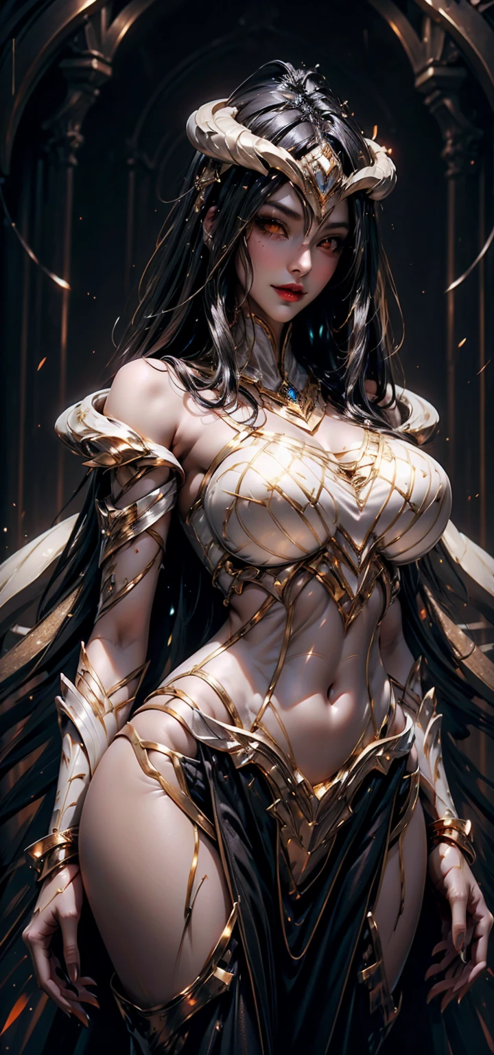 Woman with huge tits, White dress, tight to the body, purple fur, detailed golden saint seiya armor