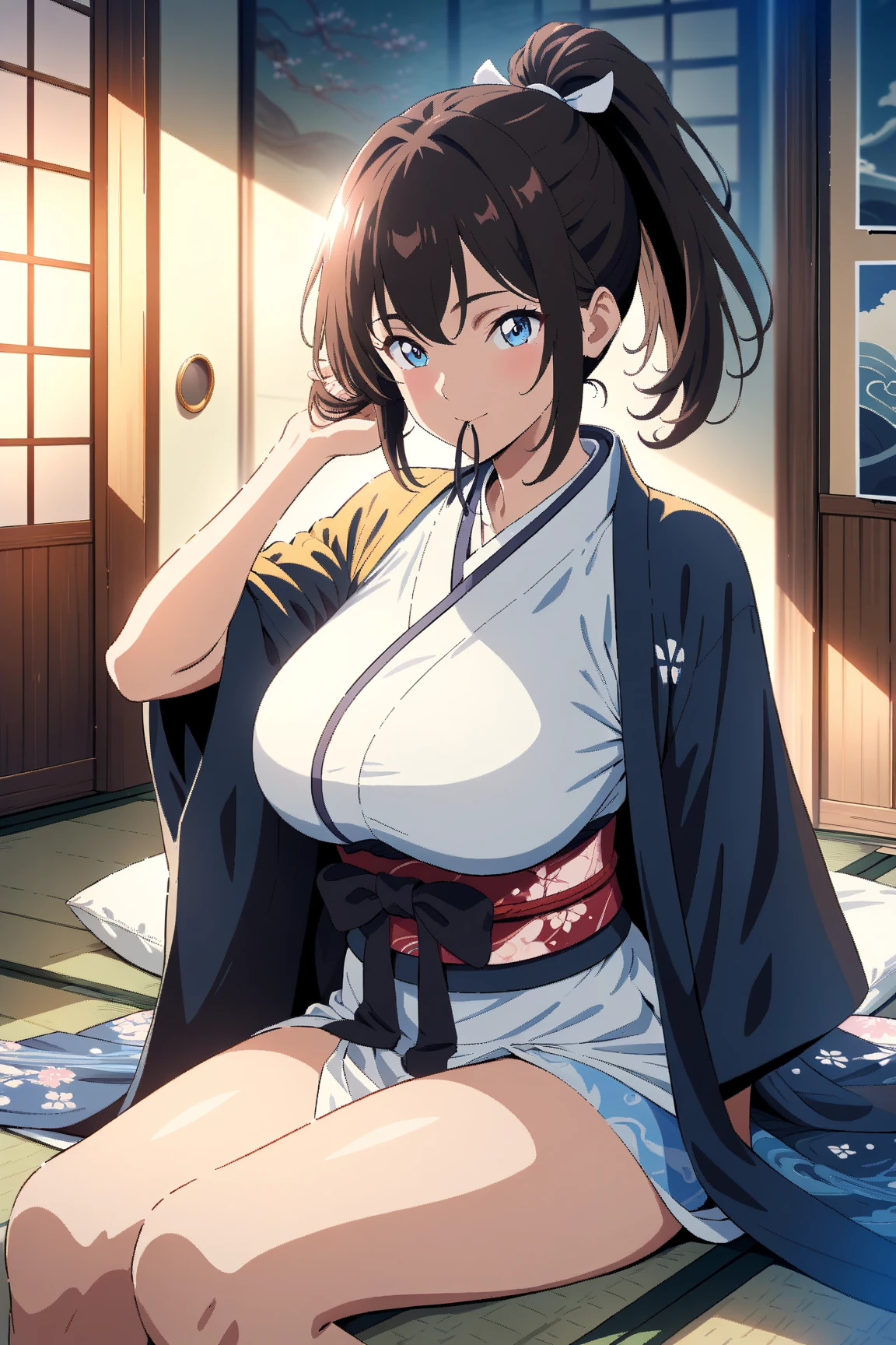 1girl, dark blue hair, tank top, bear claw knucles, kimono, obi, detailed anatomy