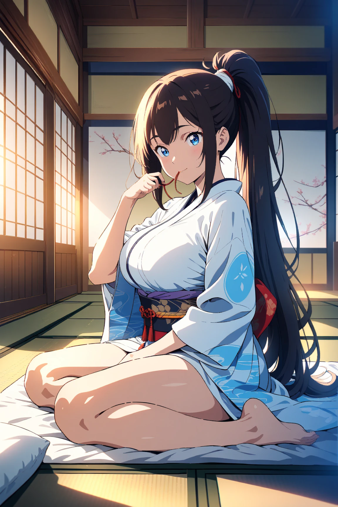 (highest quality: 1.3), (masterpiece: 1.3), (Super detailed: 1.3), (wallpaper, one girl: 1.1)、(delicate hands and fingers:1.2)、(Fine-grained super oily shiny skin:1.1)、(Yukata at the ryokan:1.2)、brown hair、long hair、straight hair、beautiful sister、smile、(Ryokan rooms:1.2)、(beautiful big breasts:1.3) 、traditional japanese room、futon、sexy pose、Yukata open、(barefoot:1.3)、(white panties:1.3)、sit with legs apart