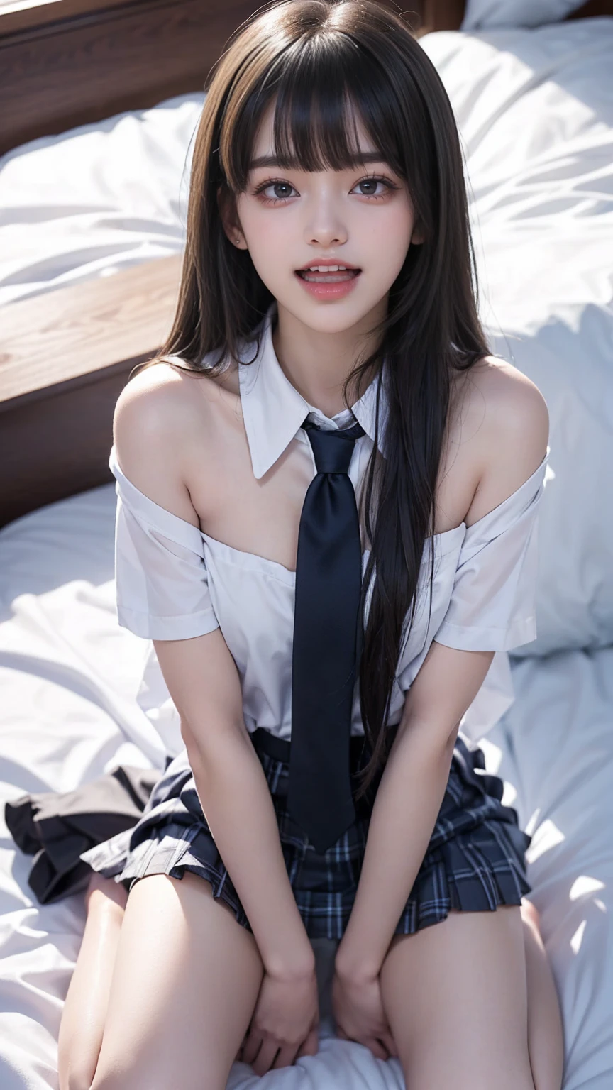 Japan girl, 18 year old girl, wavy little long hair, black hair, brown eyes, perfect figure, transparency, luster, luster, modest breasts, school uniform, navy blue ribbon, navy blue skirt, light blue shirt, pink bra and panties, gravure idol, lying on bed, open legs, crotch open, beautiful legs, front, looking from above, unbuttoned chest