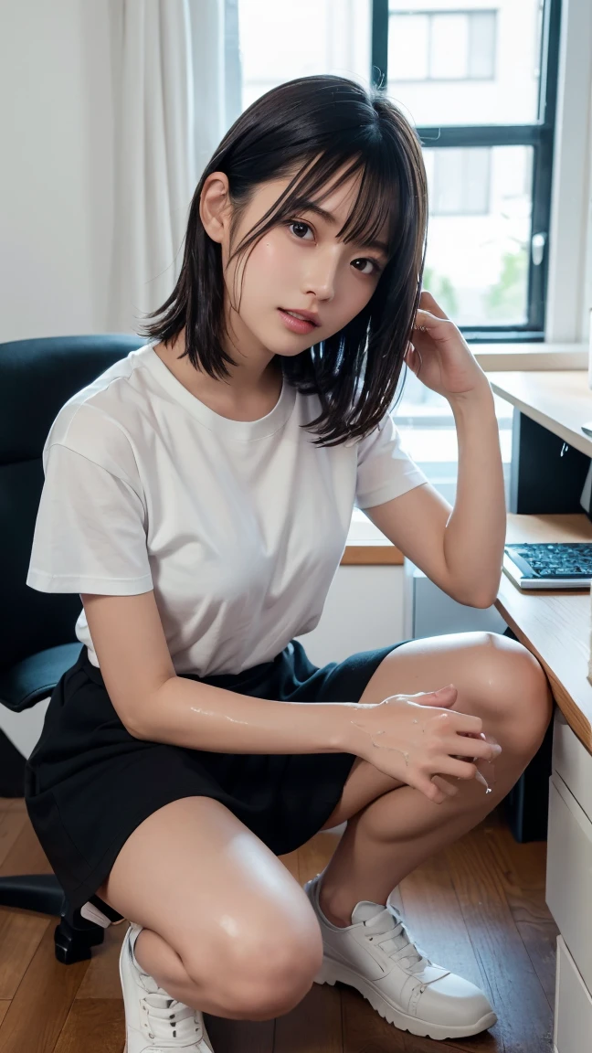 Downblouse, 15 years old school girl , munechira,(((small breasts))), looking away, leaning forward,bending over , from side above , close up, necklace ,in office,short sleeved button school shirt, within white detailed bra , short hair,sitting on chair and writing in notepad,long skirt,8K, Best Quality, Masterpiece, Ultra High Resolution, (Realism: 1.4), Original Photo, (True Skin Texture: 1.3