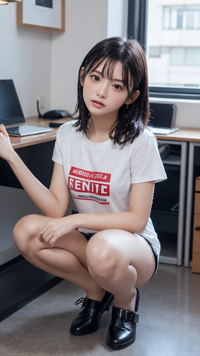 nsfw,(tanned skin:1.3), japanese girl,mascular and curvy thighs,(adult thick body),18 years old,black short hair,happy,pubic hair,hairy pussy,tanktop shirt,short pants,sitting on chair
