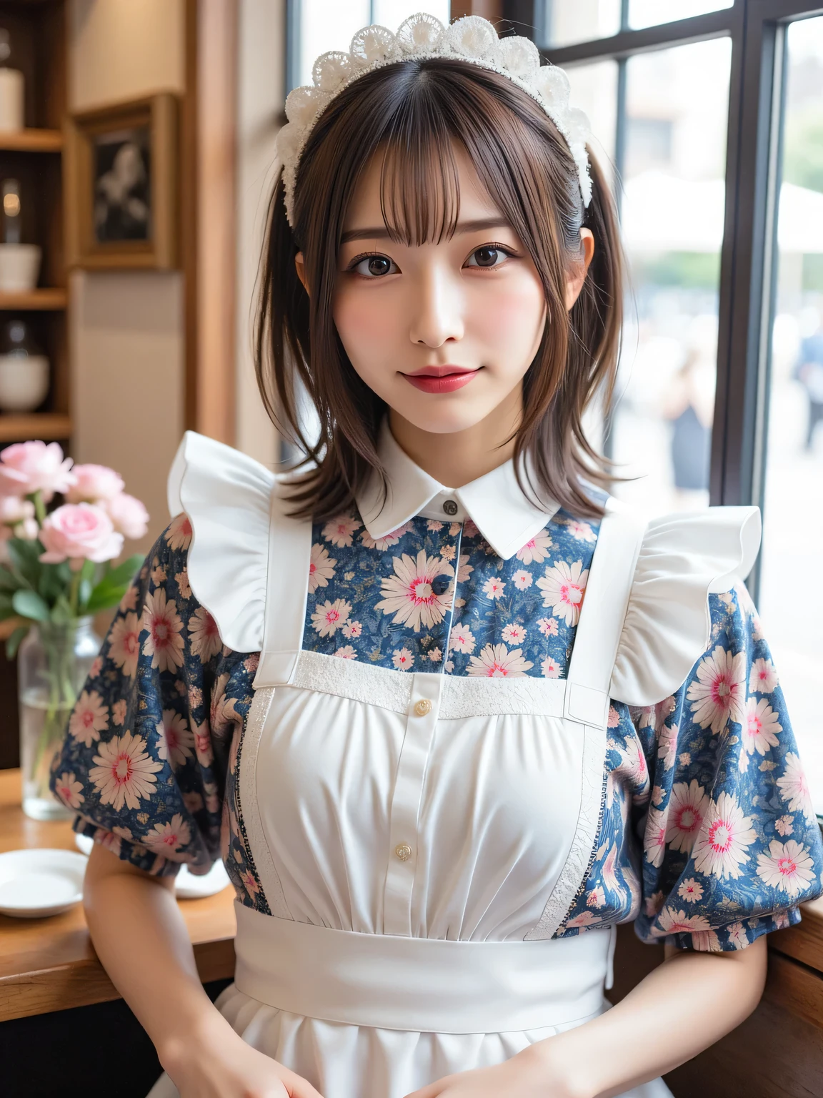 one girl, (a beauty girl, delicate girl:1.3), (16 years old:1.3),
break, (maid dress, cute dress, pink, ruffle:1.3), (skirt:1.2),
break, (cafe:1.3),
break, very fine eyes, (symmetrical eyes:1.3),
break, (small breasts:0.5), brown eyes, parted bangs, brown hair, short hair, (upper teeth, best smile:0.2),
break, (eyes and faces with detailed:1.0),
break, (masterpiece, best quality, ultra detailed, detailed face, 8k)