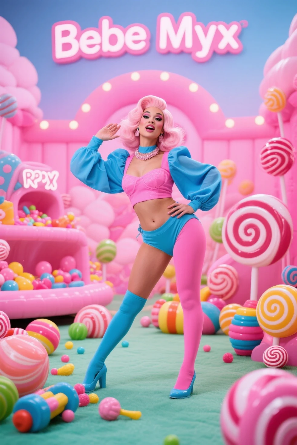 Ariana Grande (age 25)(red hip huggers, red knee high fish net stockings, white sheer see through tube top, red vest (open), red highlight in hair), walking through a store, flirting