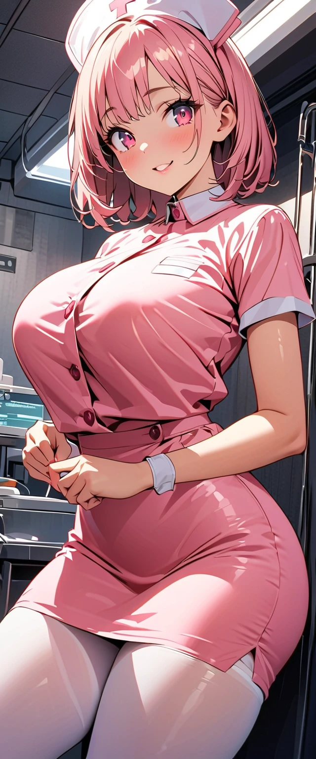 1 Female, alone, nurse, nurse cap, White, ((White legwear, zettai ryouiki)), White gloves, Long Hair, Purple Hair, Red eyes, Pink Lips, smile, Are standing, ((Hospital room)), Sharp contours, Short sleeve, Mature Woman, Age 35, highest quality, masterpiece，Large Breasts