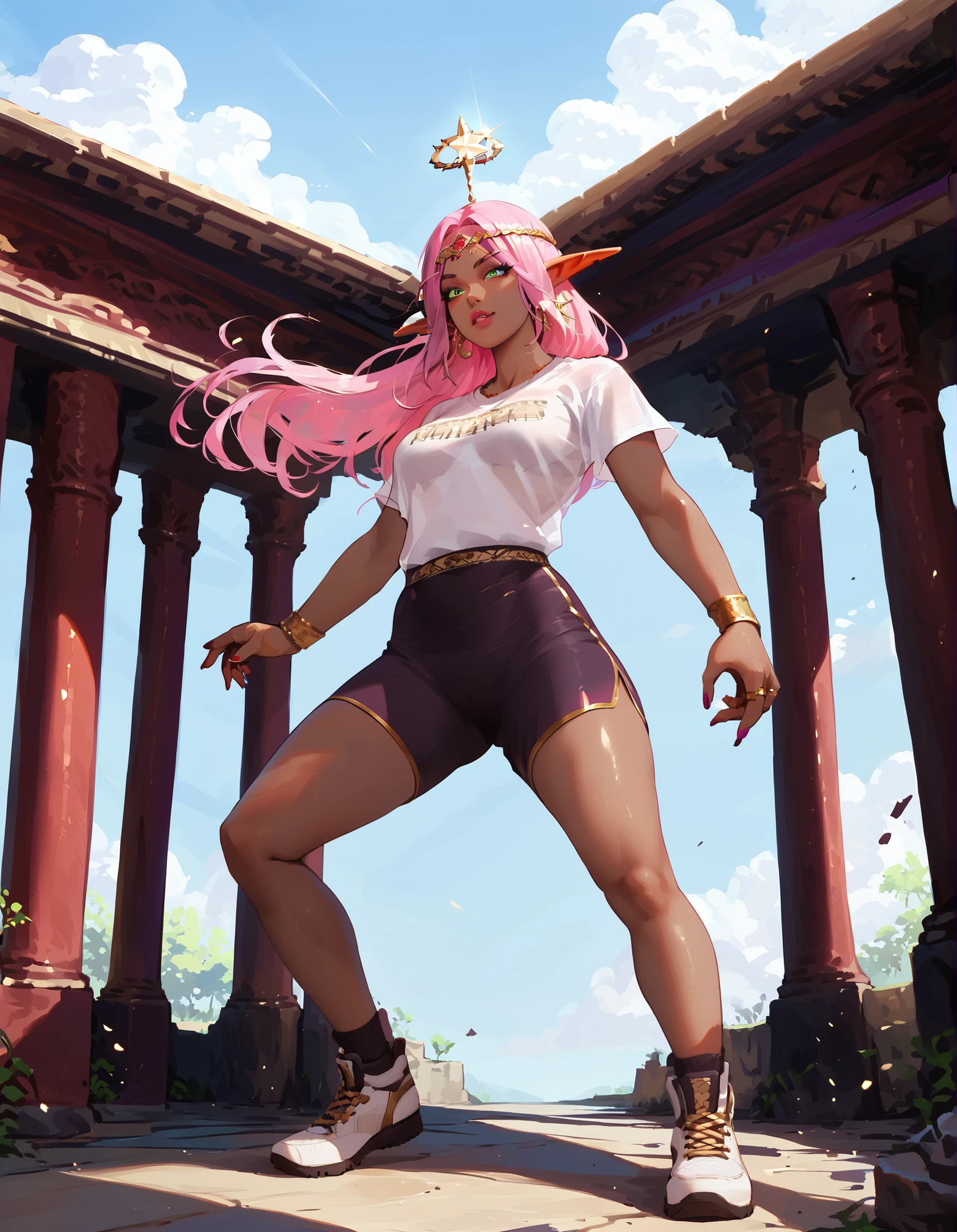 score_9, score_8_up, score_7_up, score_6_up, score_5_up, score_4_up, (masterpiece, best quality:1.2), highly detailed, illustration, mature woman, elf ears, pink hair, dark tan skin, athletic body, full body, heavy metal band T-shirt, , all-stars shoes, elemental magic around, in a temple room, action paint