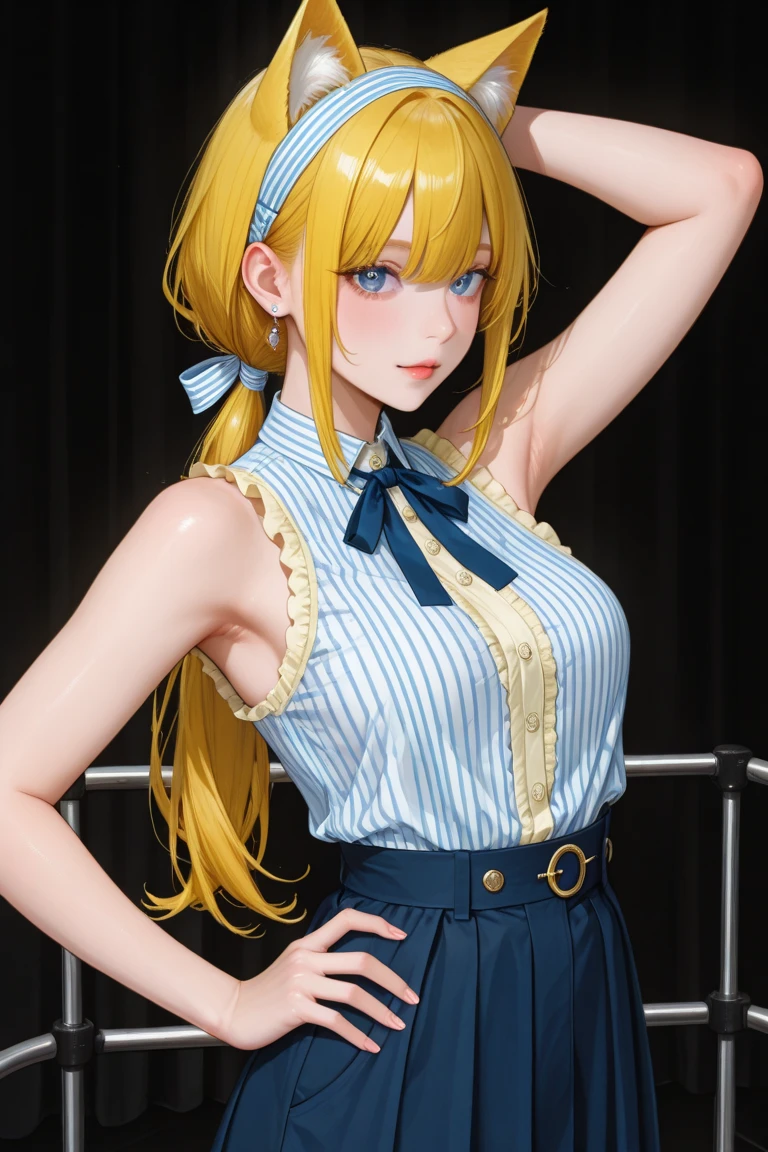 (masterpiece, Highest quality:1.2), One girl, alone,Are standing_Split, Marie Rose, blue eyes, Blonde, hair ornaments,Long Hair,Green Check Skirt, Sainan High School , , White shirt, Yellow sweater vest,No panties

