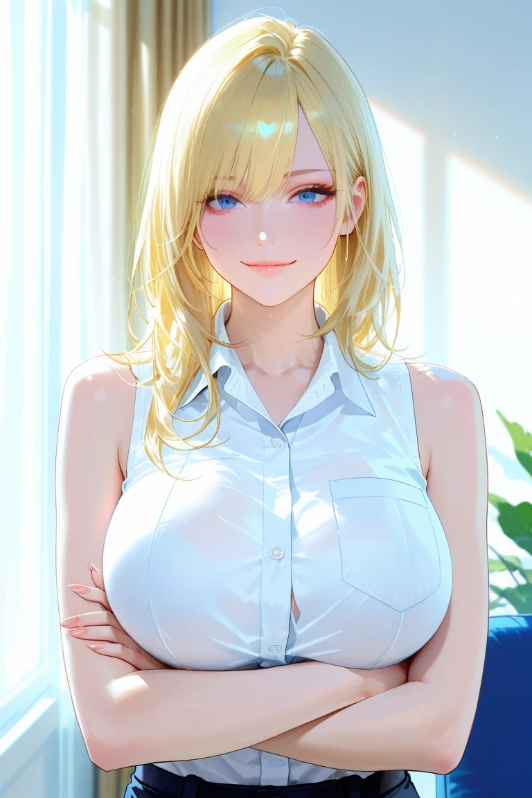 80's_jiaopian, 1girl, blonde hair, ((realistic)), ((photorealistic)),((high-res, masterpiece, best quality, cinema lighting)), masterpiece, best quality:1.2), upper body, solo, 1girl, smile, closed mouth, masterpiece, best quality, 4k, photograph, cinemtaic lighting, modelshoot, perfect lighting, perfect detailed face, professional photoshoot, seductive smile, wide hips, thick thighs, short female, huge breasts,shizuka marikawa, blonde hair, white button up shirt, cleavage, realistic,